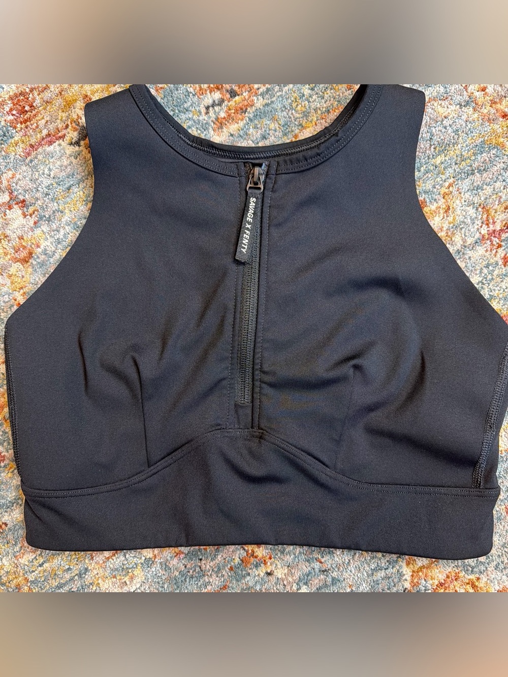 Savage X Fenty Black Front-Zip Sport Bra with Logo